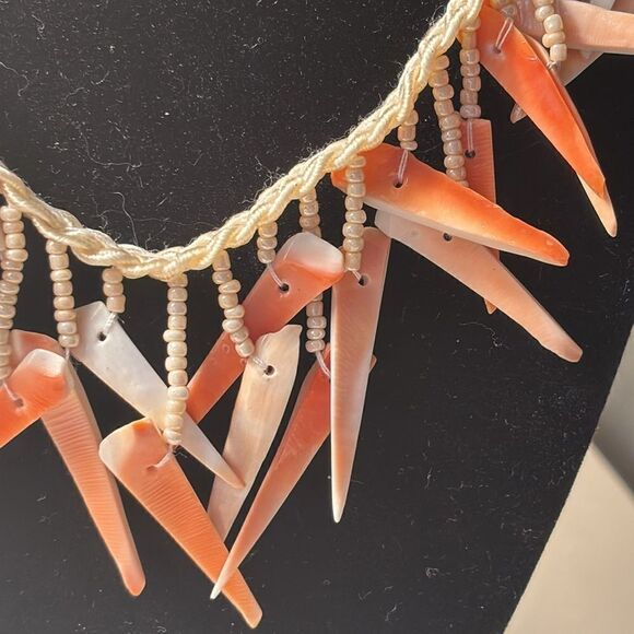 Braided Natural Cut Sea Shell Statement Necklace with Orange Tones 17” - Picture 2 of 4